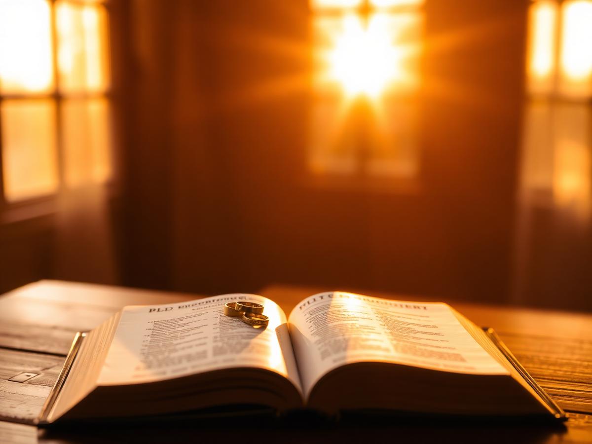 Wedding rings on an open Bible at sunset